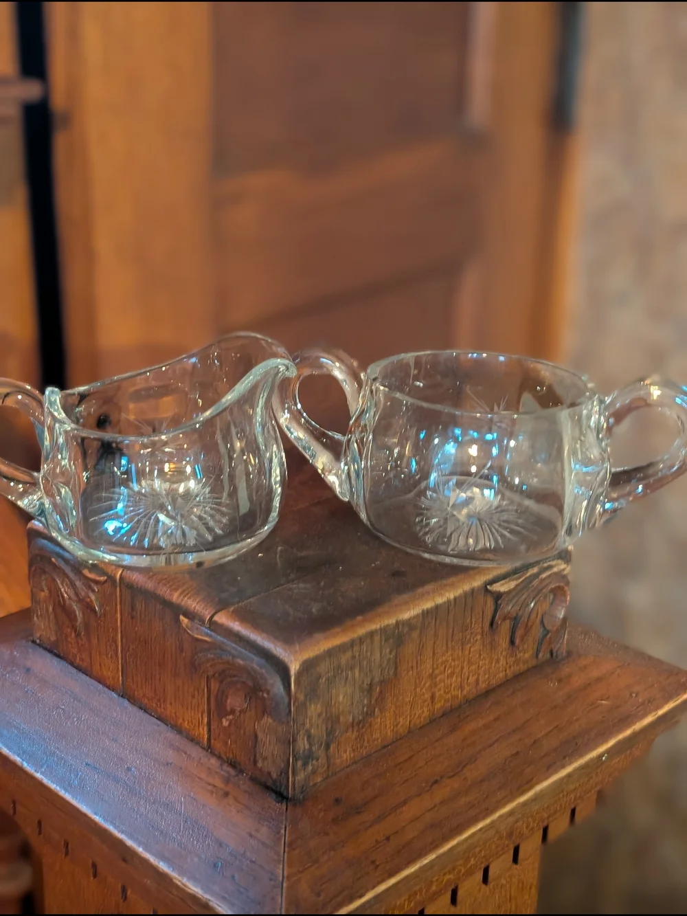 Vintage MCM 1950s Atomic Etched Sunburst Glass Creamer and Sugar Bowl Euc